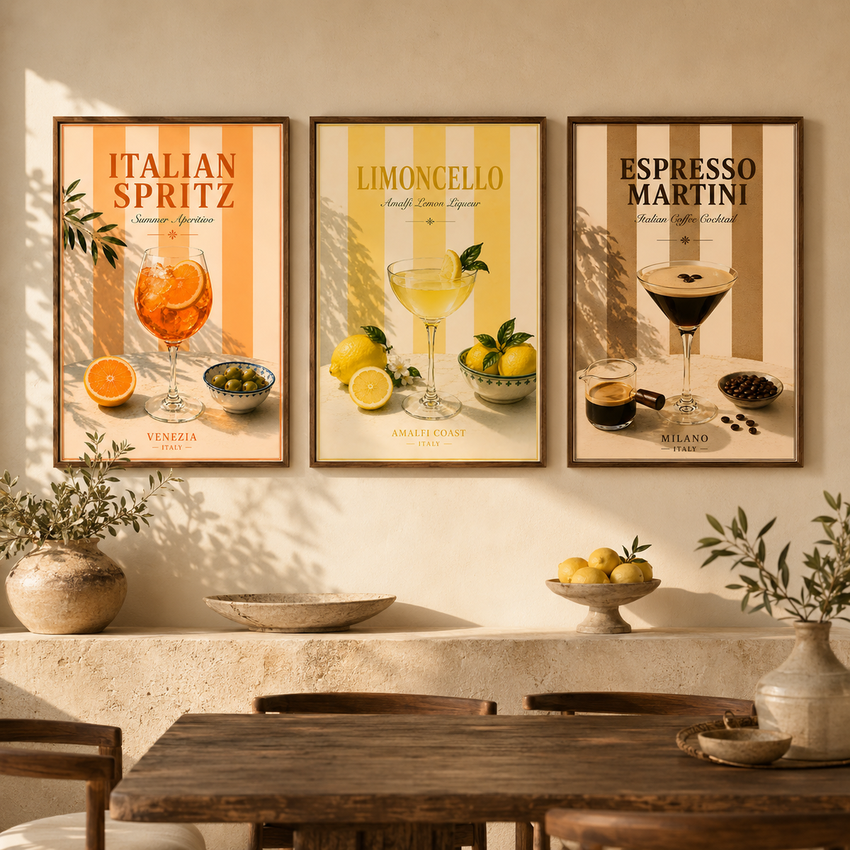 Mediterranean Cocktail Wall Art Set of 3: Italian Spritz, Limoncello & Espresso Martini Printable