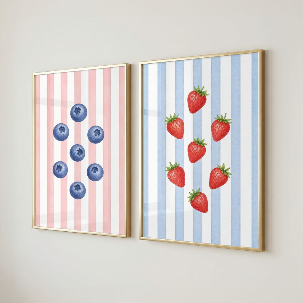 Striped Fruit Wall Art Set of 8: Colorful Kitchen Fruit Decor, Lemon Strawberry Cherry Printable