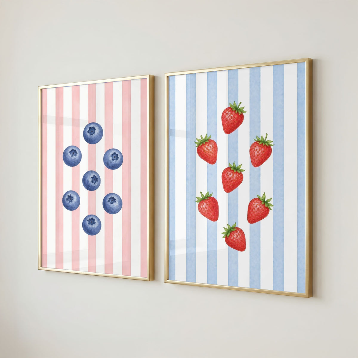 Striped Fruit Wall Art Set of 8: Colorful Kitchen Fruit Decor, Lemon Strawberry Cherry Printable