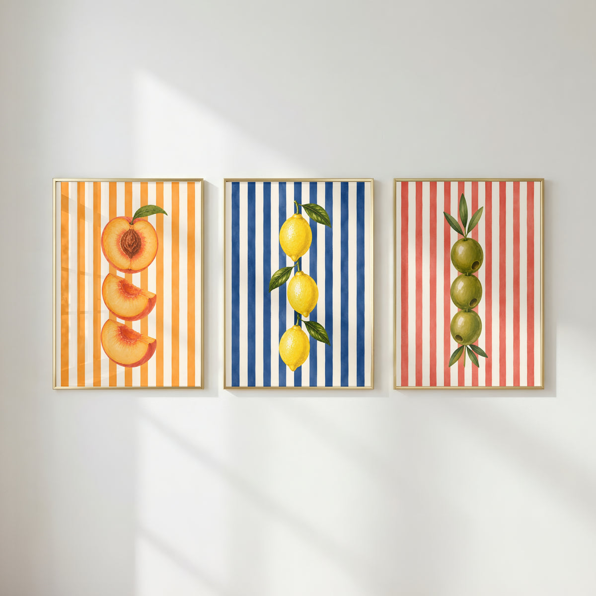 Striped Fruit Wall Art Set of 6: Colorful Modern Kitchen Decor, Lemon Cherry Printable