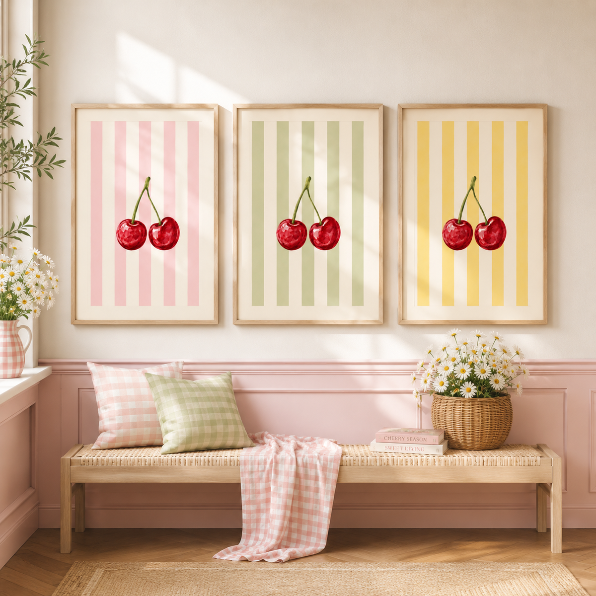 Cherry Wall Art Set of 3: Summer Fruit Decor, Cottagecore Bedroom Printable