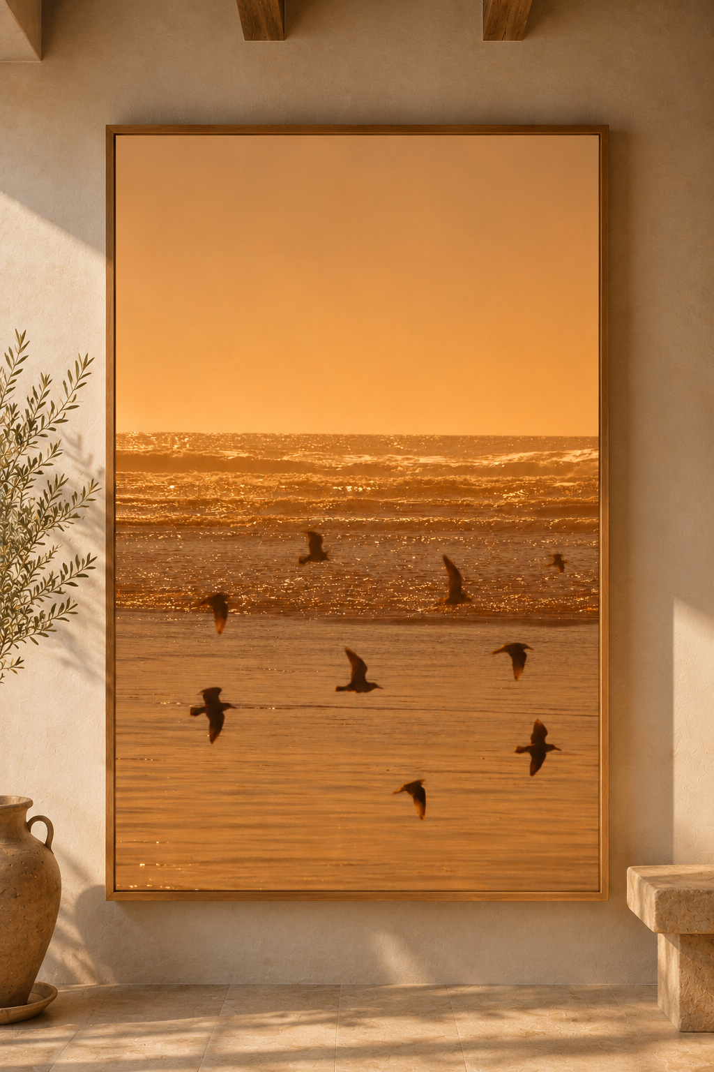 Sunset Wall Art: Golden Hour Beach Photography, Seagull Decor, Neutral Coastal Bedroom Printable