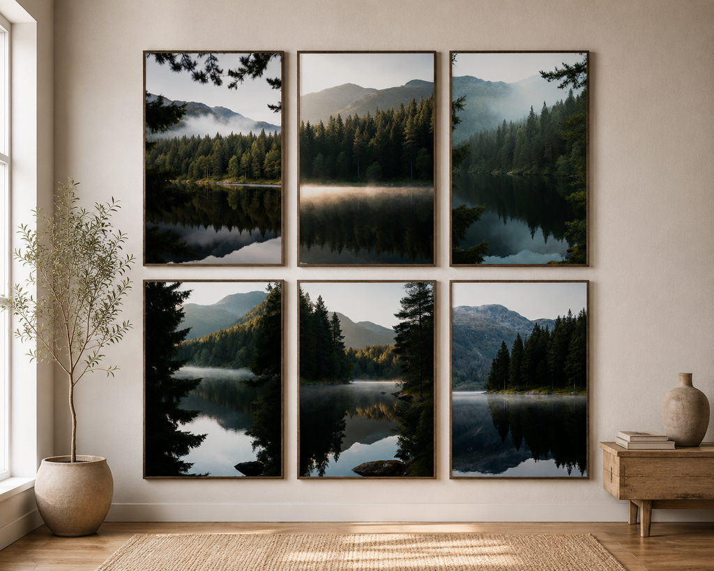 Scandinavian Forest Lake Wall Art Set of 6: Nordic Mountain Nature Landscape Printable