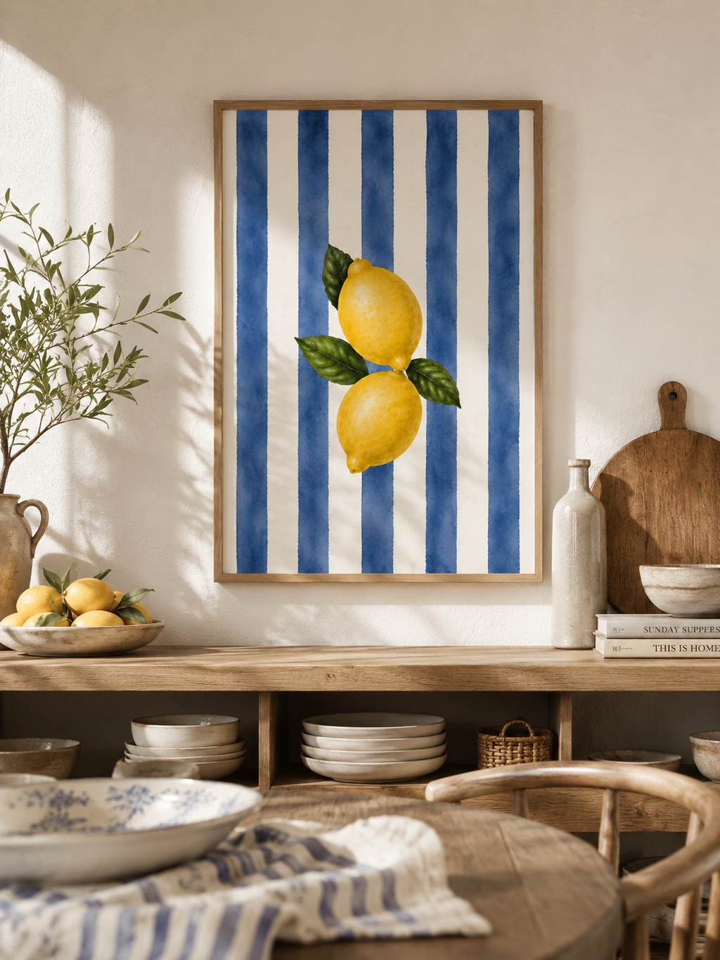 Lemon Wall Art: Blue Striped Citrus Art, Mediterranean Decor, Dining Room Printable