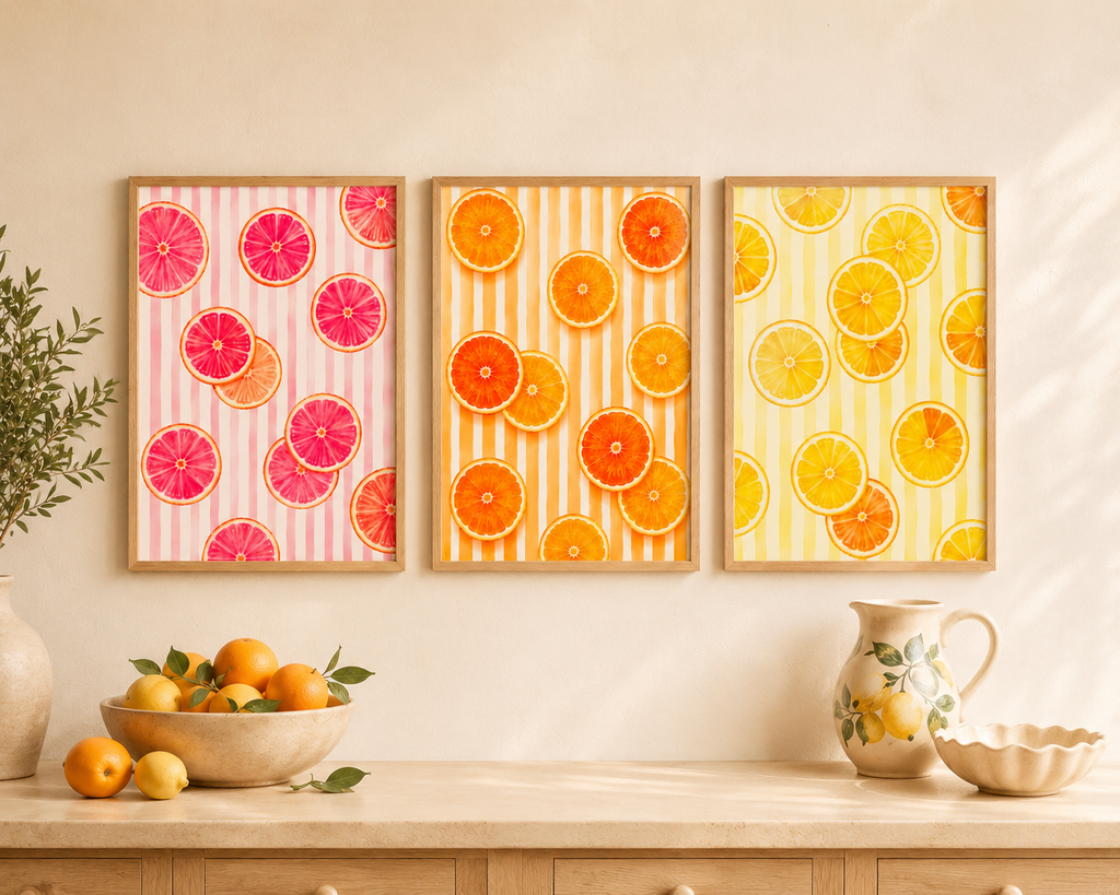Italian Summer Citrus Wall Art Set of 3: Lemon, Orange & Grapefruit Printable