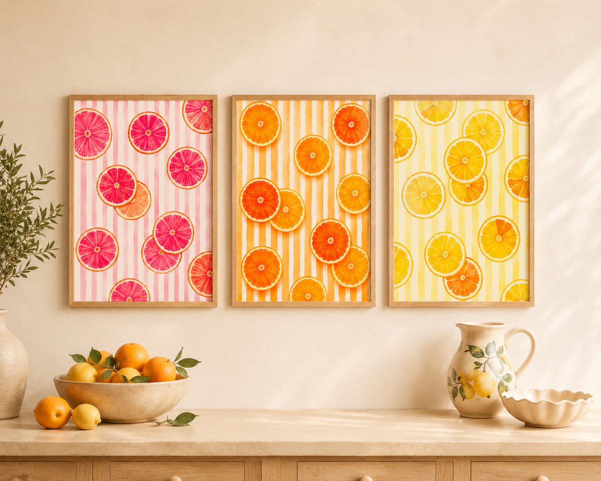 Italian Summer Citrus Wall Art Set of 3: Lemon, Orange & Grapefruit Printable