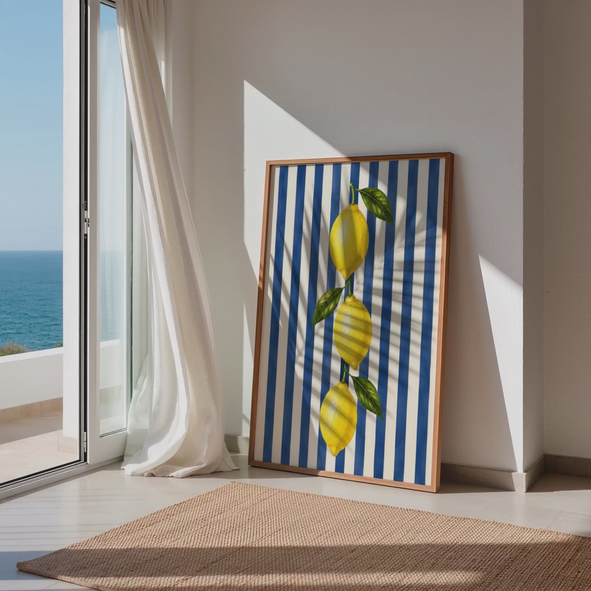 Lemon Wall Art: Mediterranean Italian Kitchen Decor, Blue Striped Printable