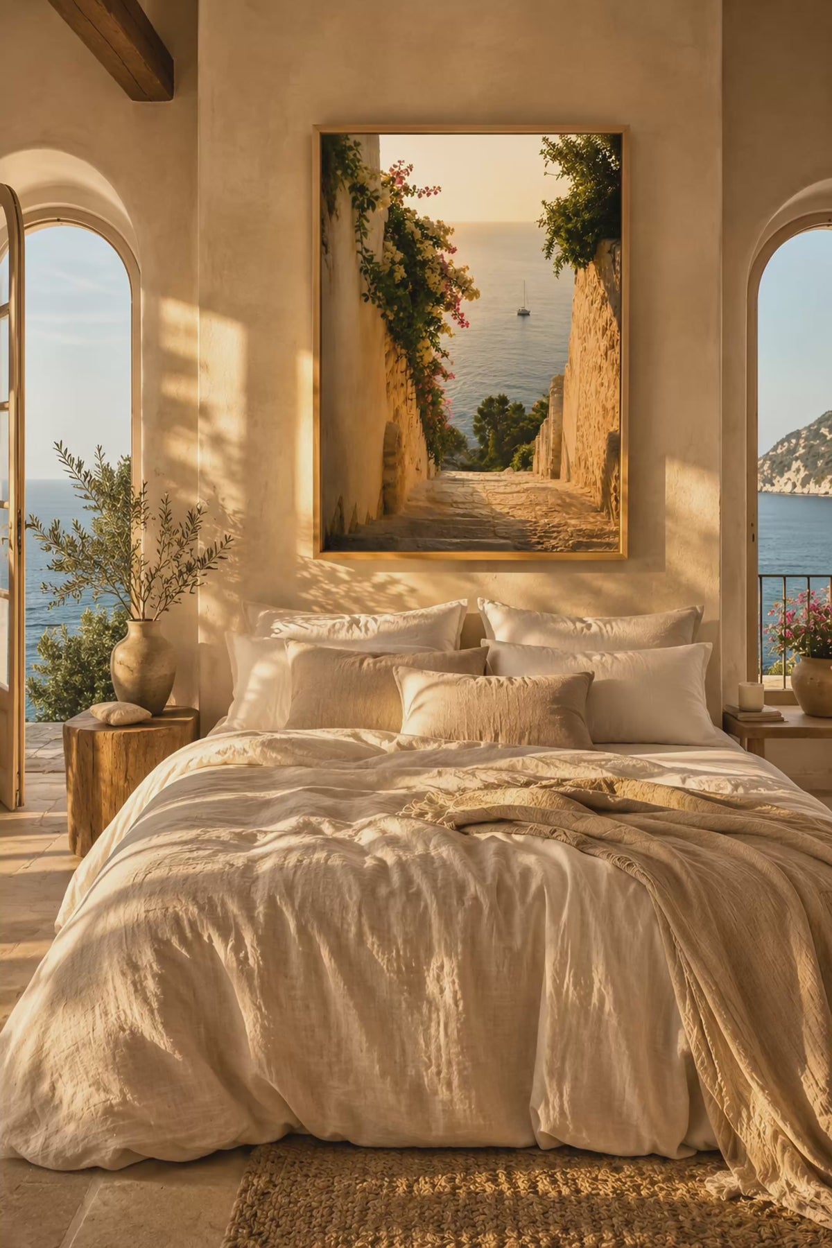 Sea View Wall Art: Mediterranean Bedroom Decor, Stairway Photography, Quiet Luxury Printable