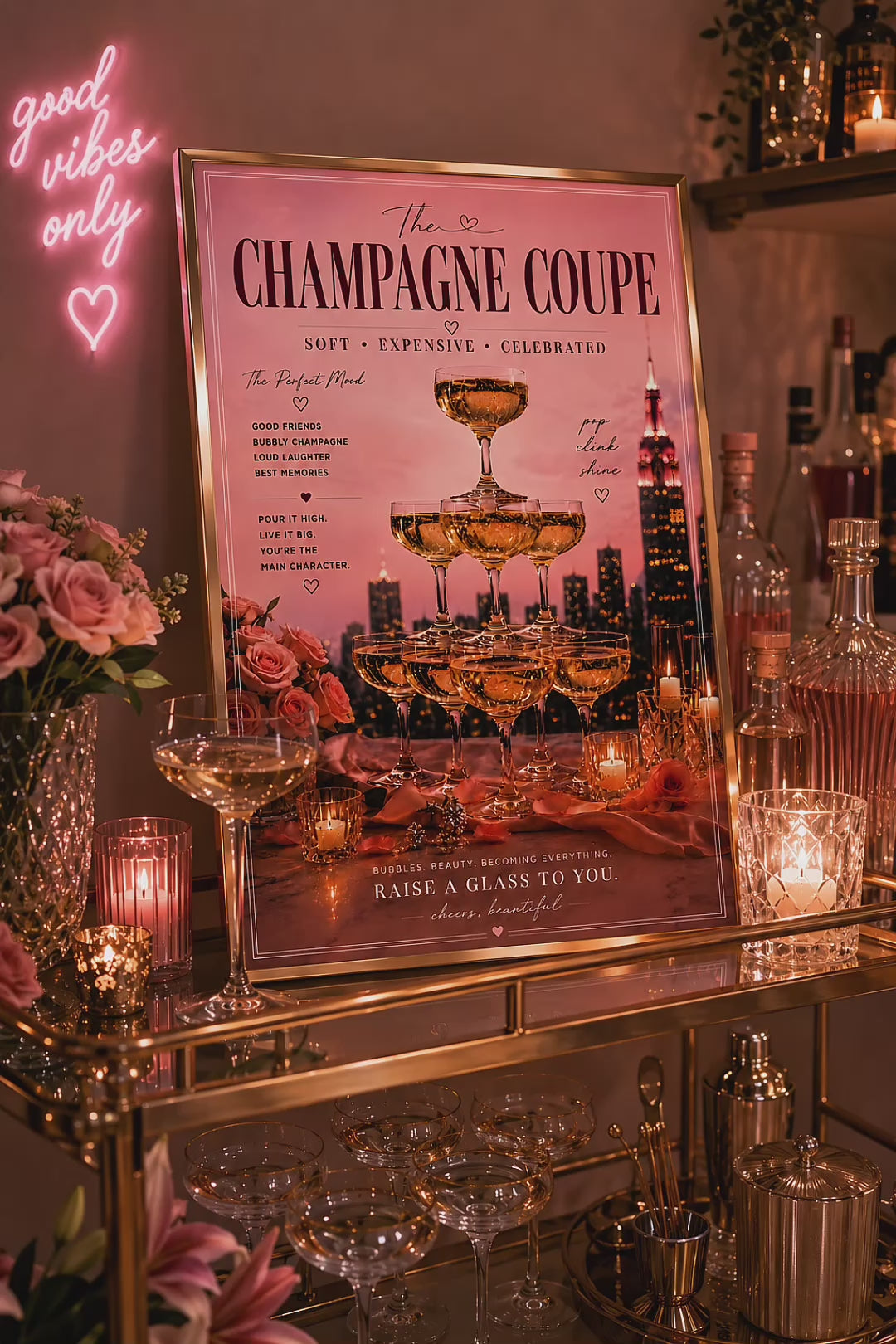 Pink Champagne Tower Cocktail Wall Art: Feminine Luxury Parisian Bar Cart Printable Poster