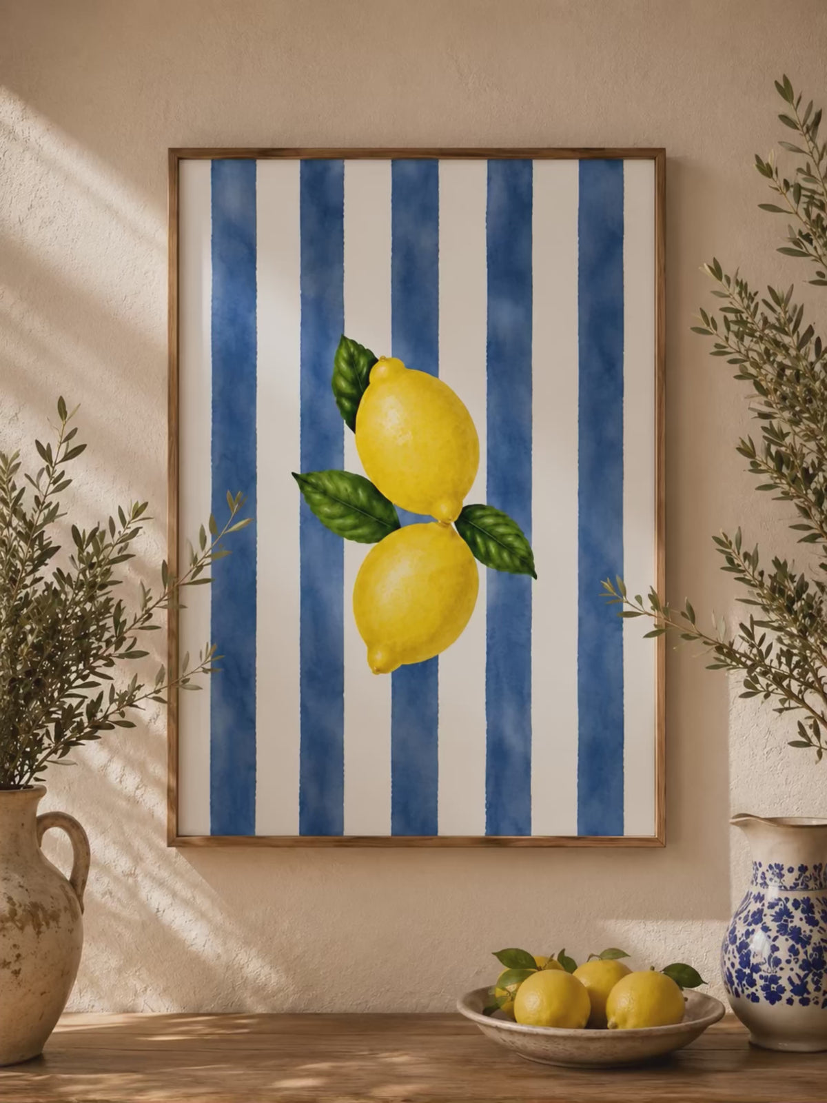 Lemon Wall Art: Blue Striped Citrus Art, Mediterranean Decor, Dining Room Printable