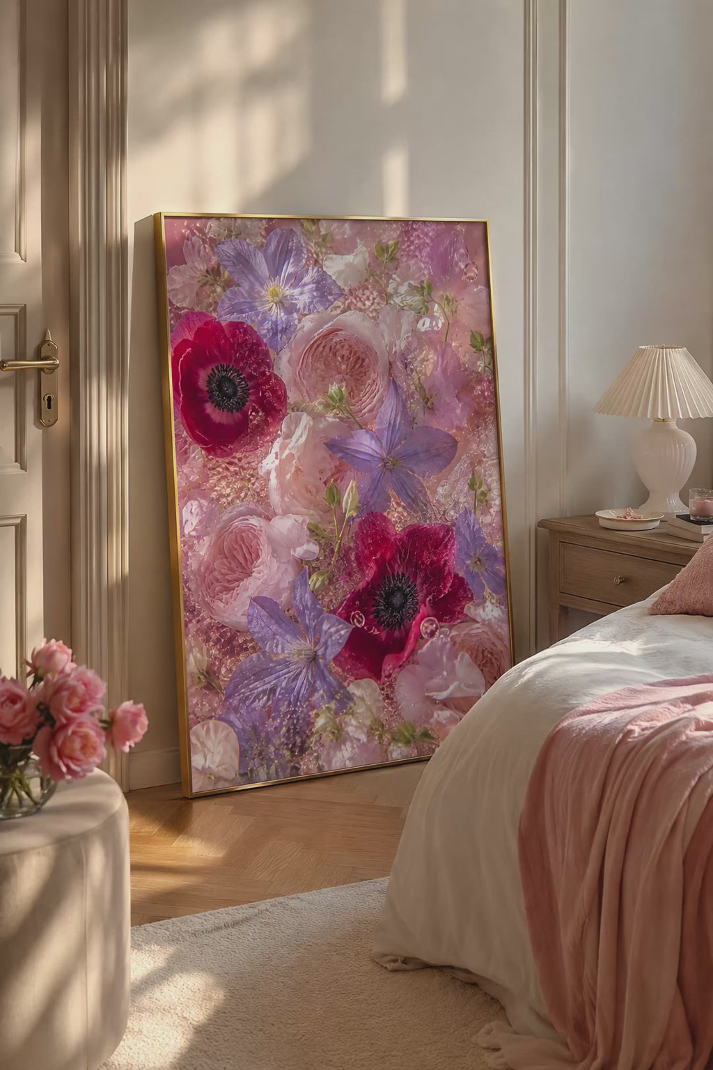 Pink Flower Wall Art: Romantic Anemone & Rose Photography, Feminine Bedroom Decor Printable