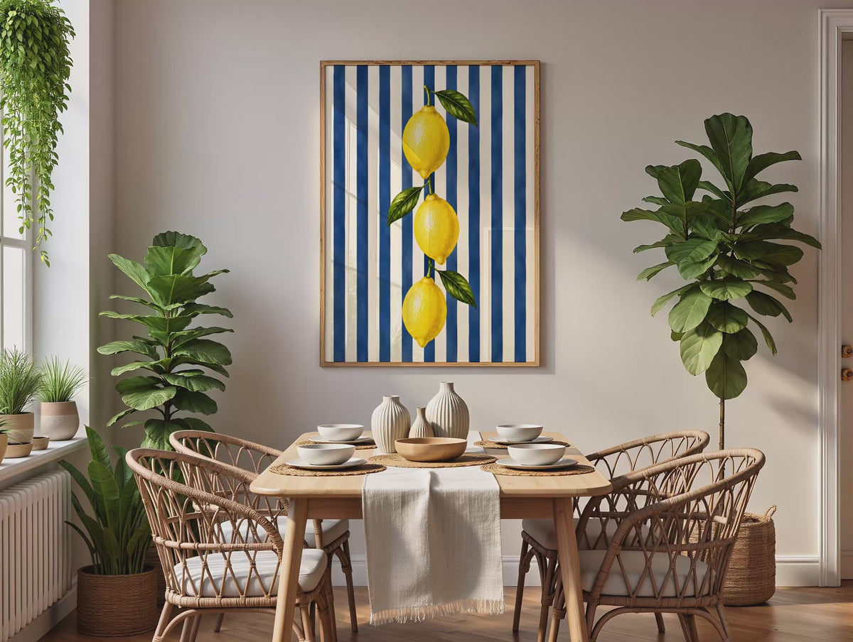 Striped Fruit Wall Art Set of 6: Colorful Modern Kitchen Decor, Lemon Cherry Printable