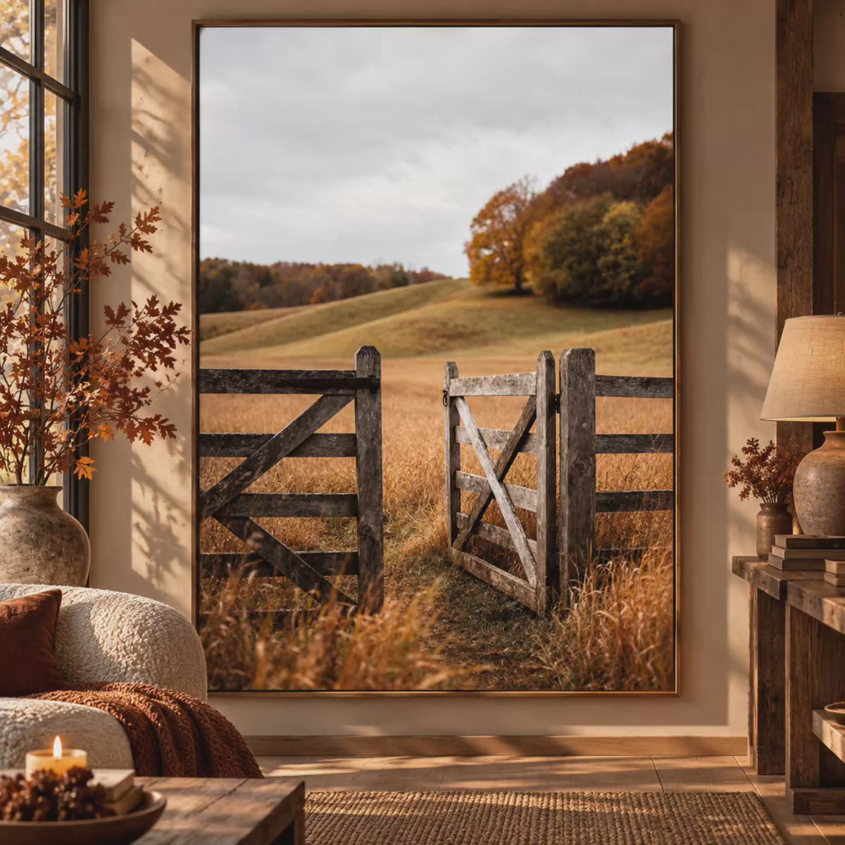 Autumn Countryside Wall Art: Wooden Gate Meadow Landscape Photography Printable