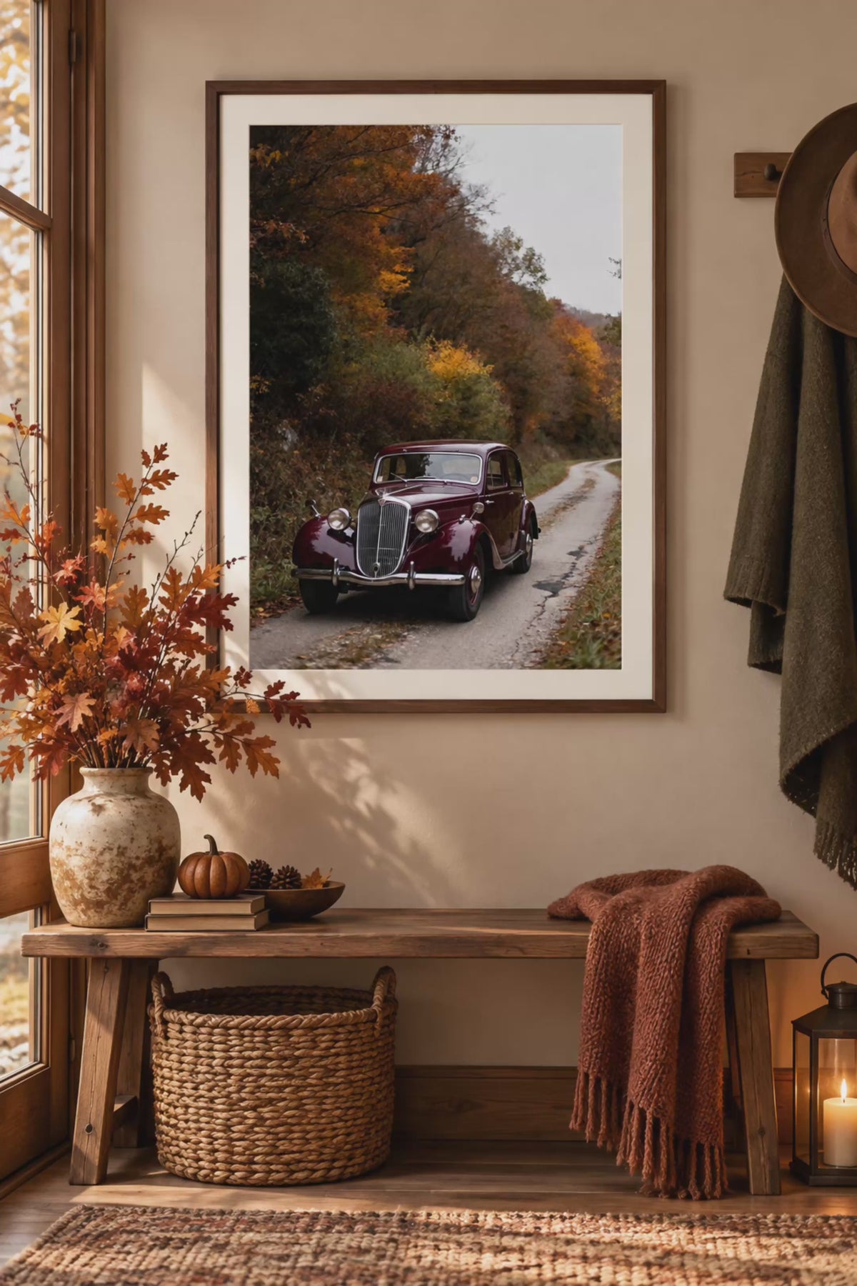 Vintage Car Wall Art: Burgundy Car on Autumn Country Road, Moody Fall Photography Printable
