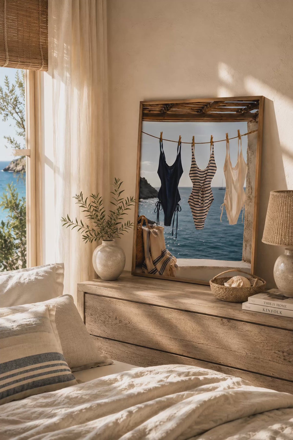 Coastal Swimsuit Wall Art: Hanging Bikini Photography, Mediterranean Summer Beach House Decor Printable
