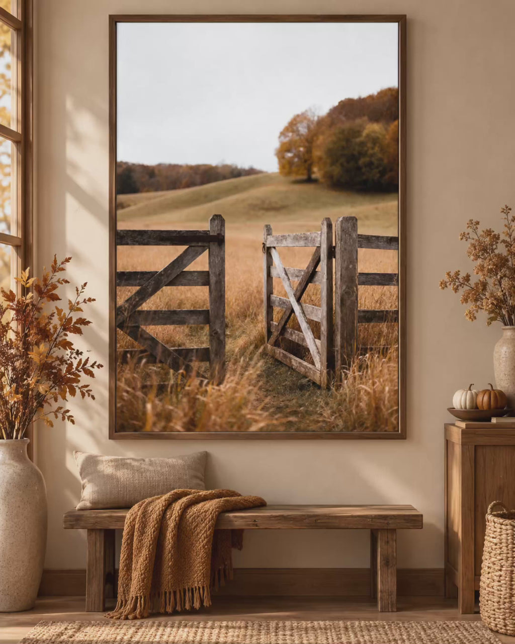 Autumn Countryside Wall Art: Wooden Gate Meadow Landscape Photography Printable