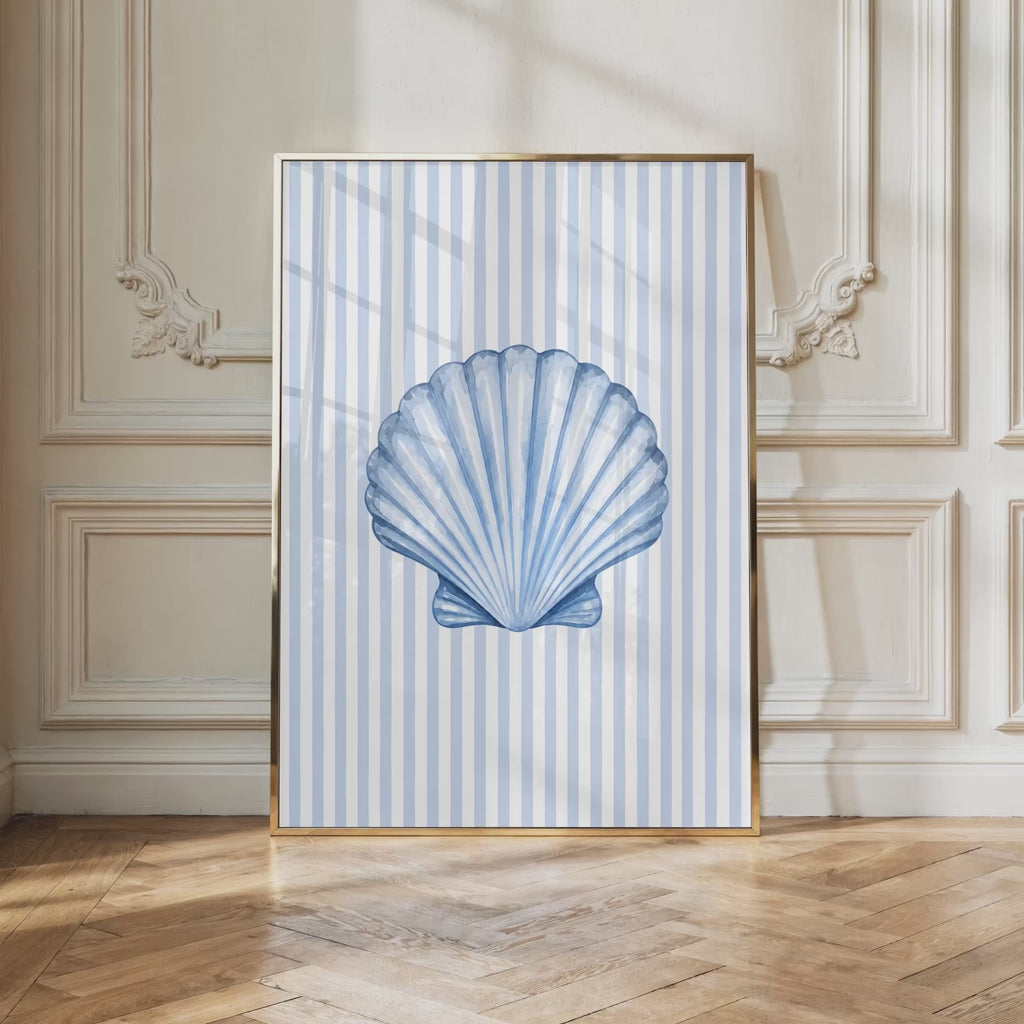 Coastal Seashell Wall Art Printable: Blue Striped Beach House Decor