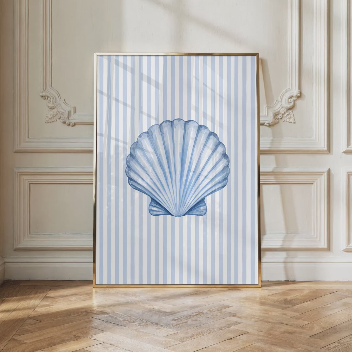 Coastal Seashell Wall Art Printable: Blue Striped Beach House Decor
