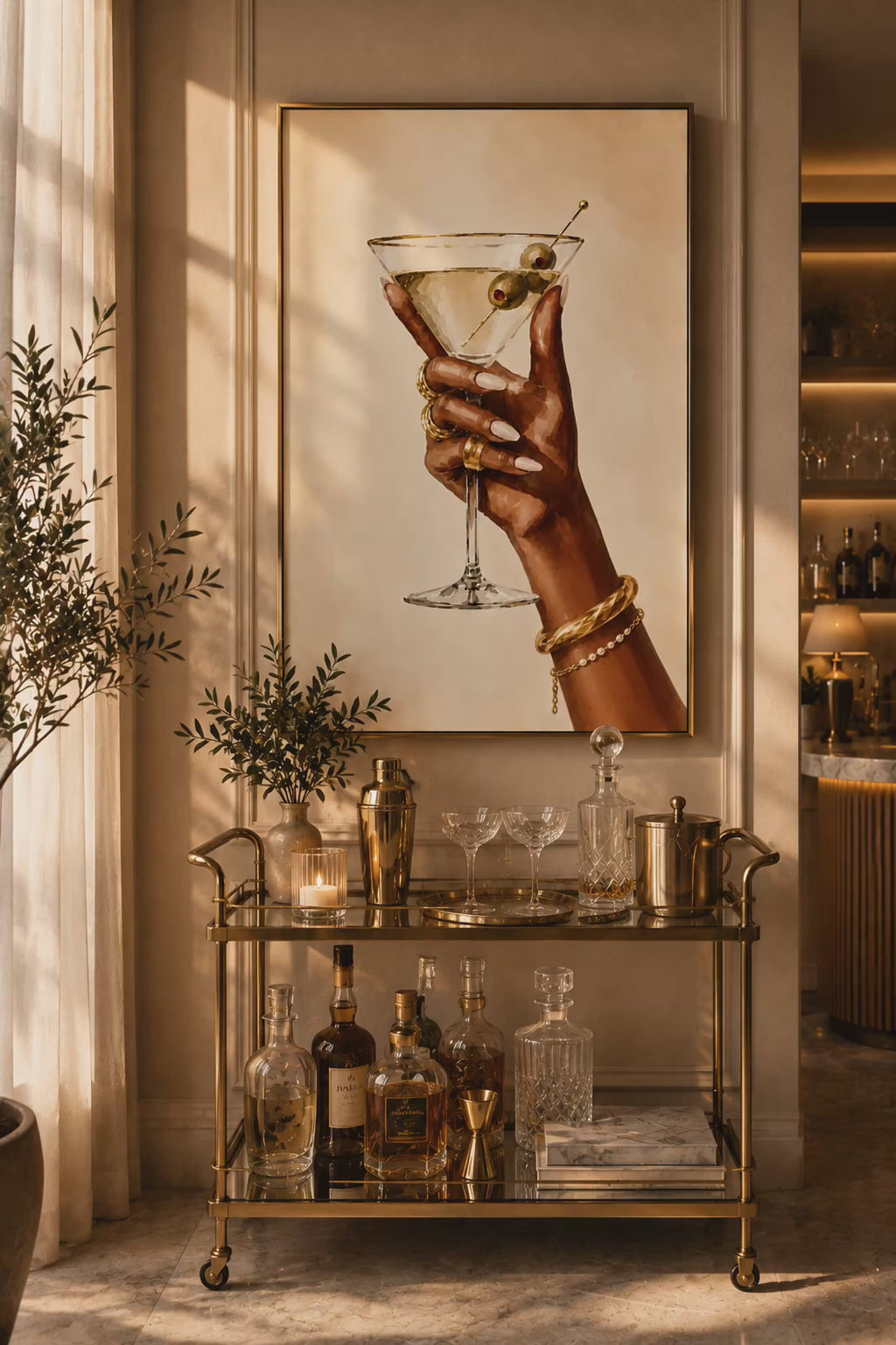 Martini Wall Art: Hand Holding Cocktail Glass, Feminine Bar Cart Decor, Chic Kitchen Printable