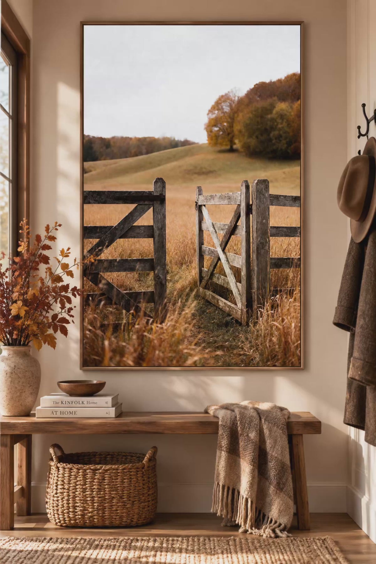 Autumn Countryside Wall Art: Wooden Gate Meadow Landscape Photography Printable
