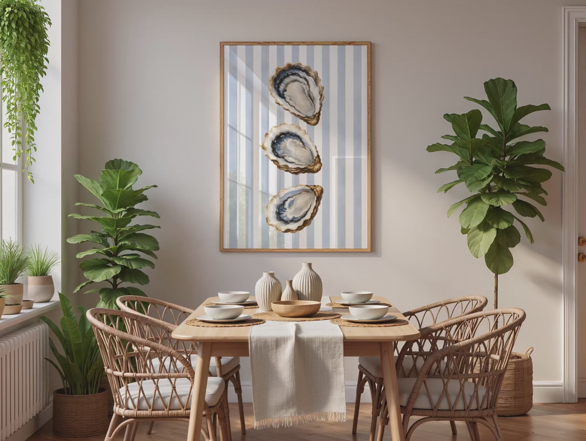 Oyster Wall Art: Coastal Mediterranean Beach House Decor, Blue Striped Printable