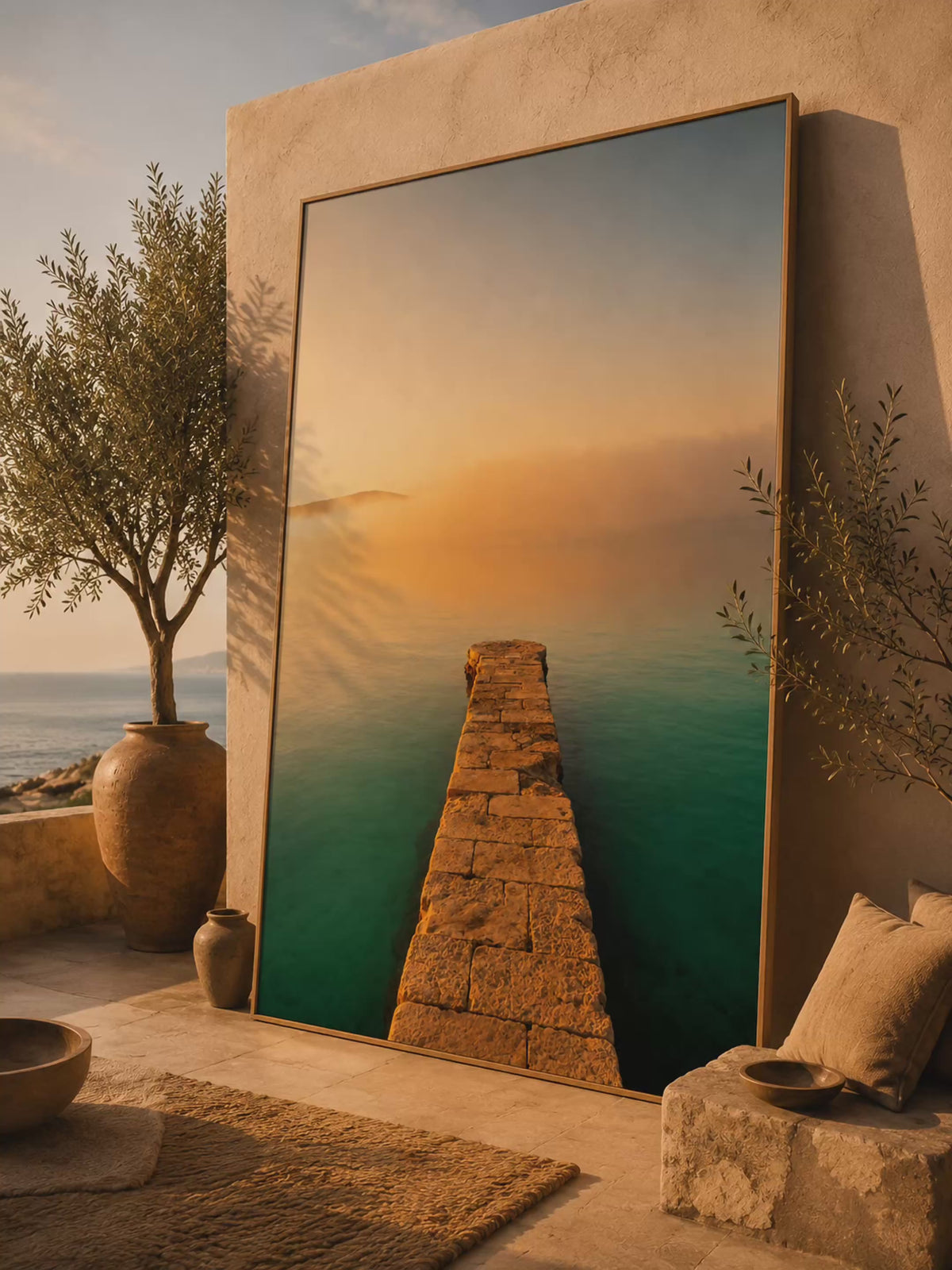 Mediterranean Coastal Wall Art: Stone Pier Bathroom Decor Printable