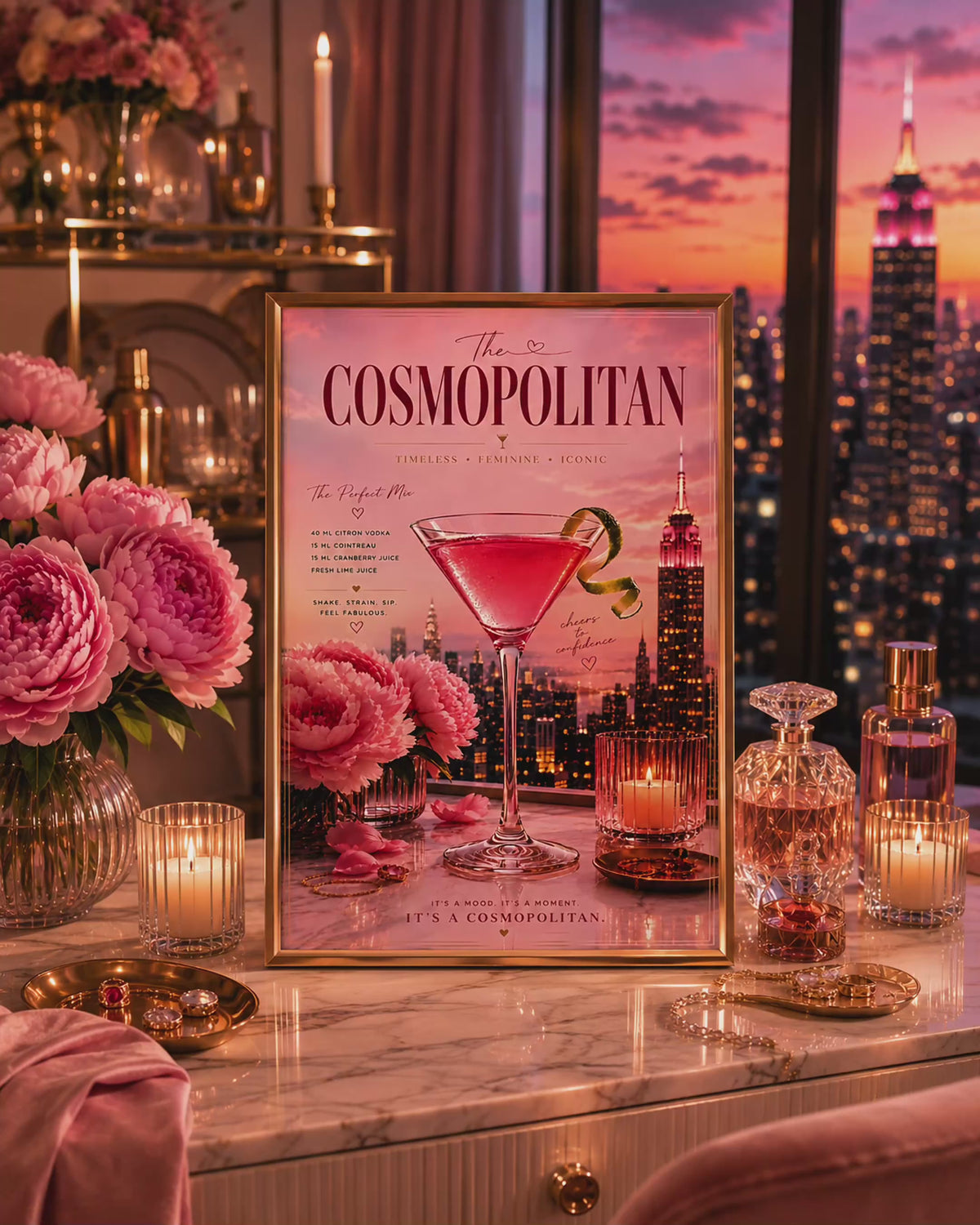 Pink Cosmopolitan Cocktail Wall Art: Feminine Luxury Apartment Printable Poster