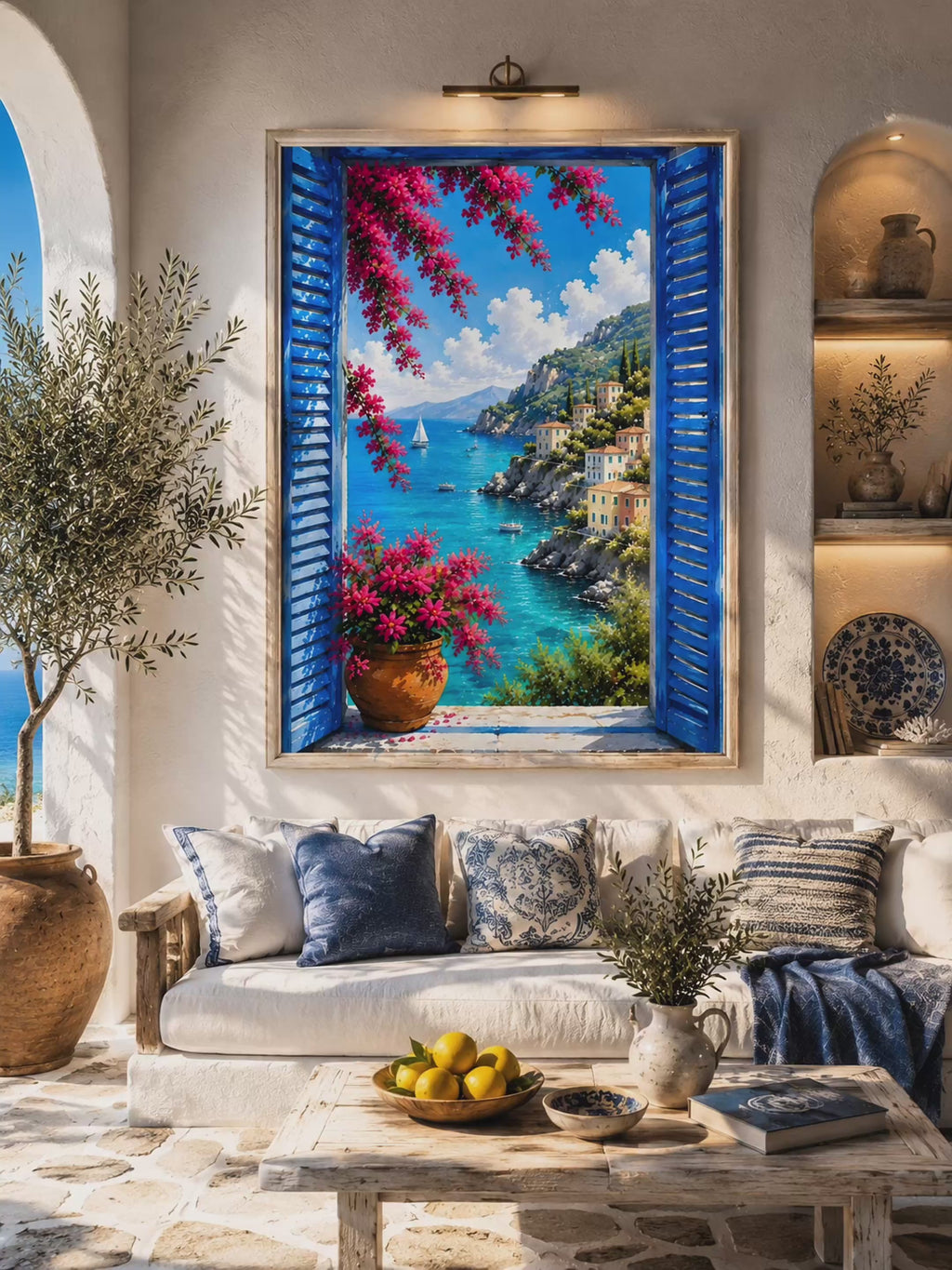 Mediterranean Window Wall Art Set of 3: Blue Shutters, Lemon Trees & Coastal Views Printable