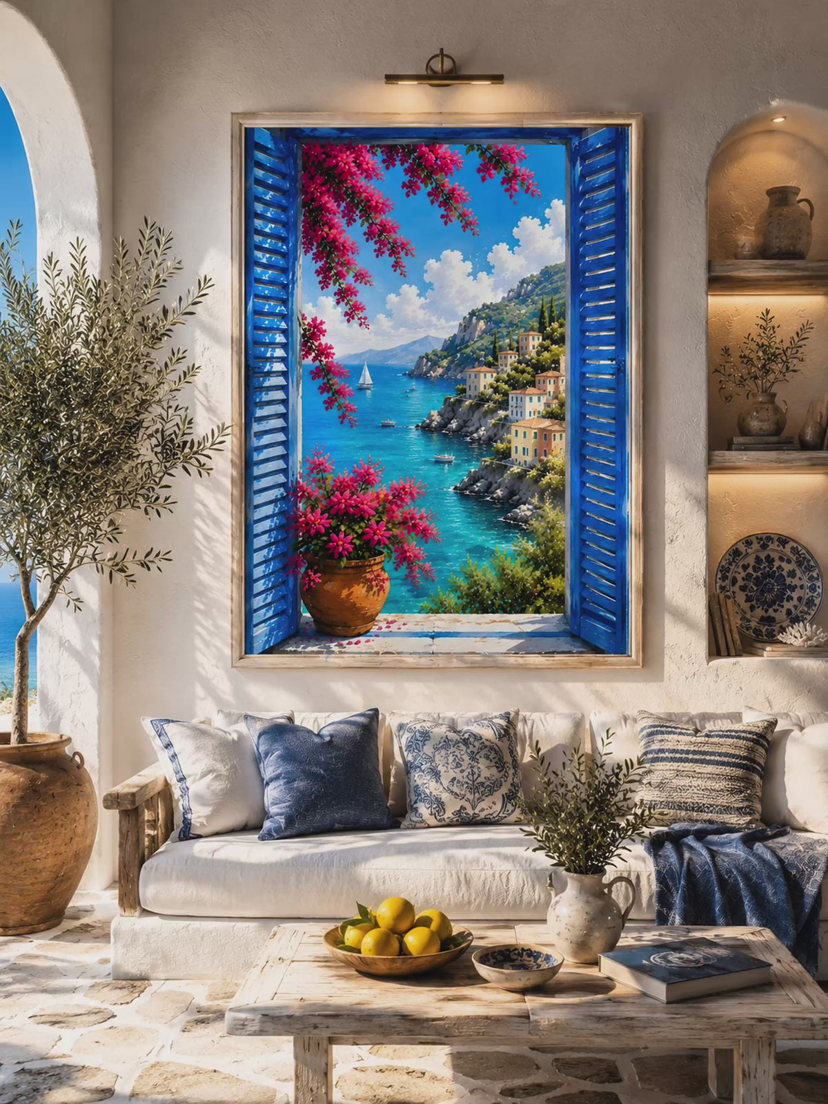 Mediterranean Window Wall Art Set of 3: Blue Shutters, Lemon Trees & Coastal Views Printable