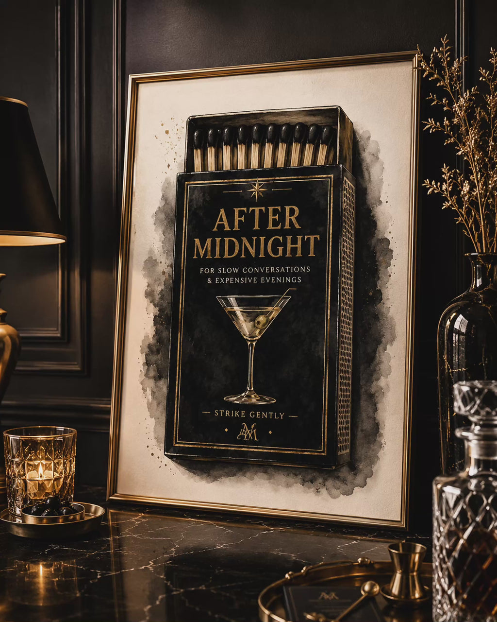 Vintage Martini Matchbox Wall Art Set of 2: Moody Cocktail Lounge Printable