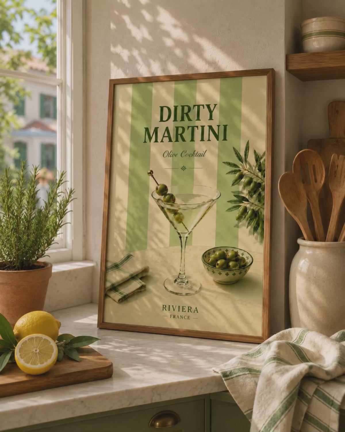 Dirty Martini Cocktail Wall Art: Mediterranean Bar Cart Decor Printable