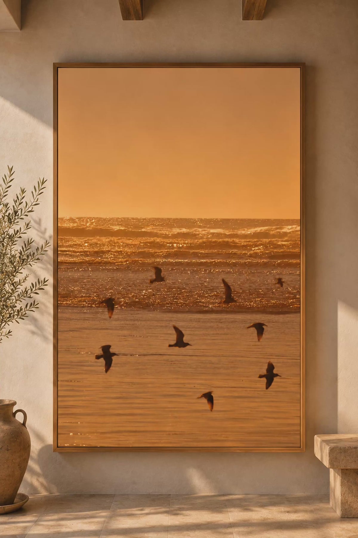 Sunset Wall Art: Golden Hour Beach Photography, Seagull Decor, Neutral Coastal Bedroom Printable